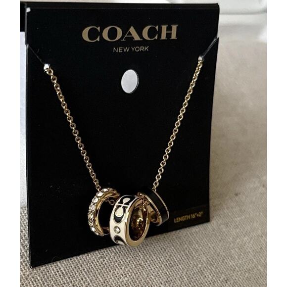 Coach Multi-Ring Pendant Necklace Gold Cream Black Enamel Crystal NWT 16”+2” - Picture 1 of 10